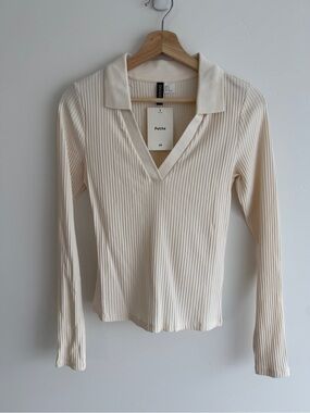 H&M Ribbed V-Neck Collared Long Sleeve Top - Cream